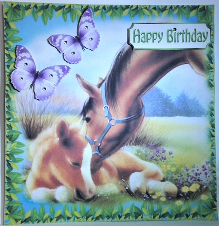 Sweet horse with her foal and purple butterflies 8x8 by Hazel Underwood