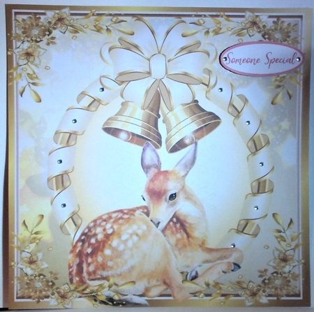 Cute little deer with gold bells 8x8 card front by Hazel Underwood