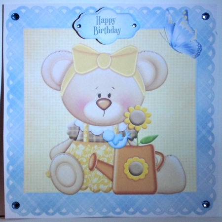 Gardening teddy with butterfly, bee and snail by Hazel Underwood