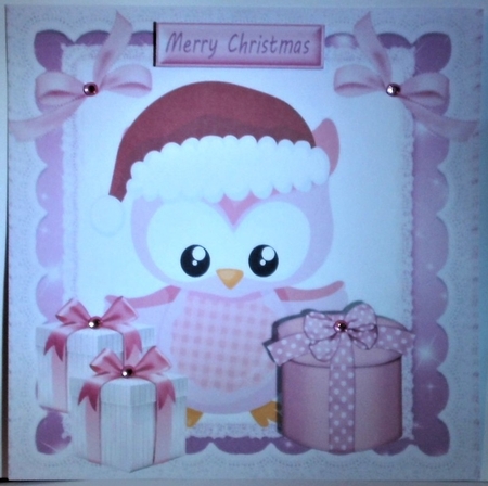 Cute owl in santa hat with pink bows 8x8 by Hazel Underwood
