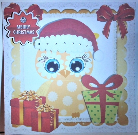 Cute owl in santa hat with red/gold bows and presents 8x8 by Hazel Underwood