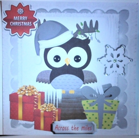 Cute owl in snow grey stars with presents 8x8 frame  by Hazel Underwood