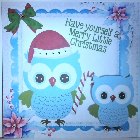 Cute owls in santa hat with red/green bow 8x8 by Hazel Underwood
