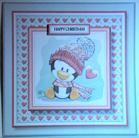 8x8 Christmas Penguin Card Front Blue , Gift Tag & Sentiments  by Hazel Underwood
