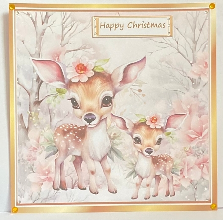 Cute Deers In The Snow With Pink Flowers 8x8 by Hazel Underwood
