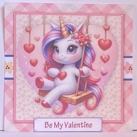 Cute Unicorn 7 x 7 Inch Valentines Card Front with Decoupage and Insert by Hazel Underwood