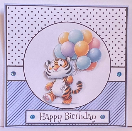 Tiger With Balloons Decoupage Card by Hazel Underwood