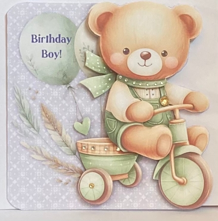 Teddy on a Tricycle Shaped Birthday Card with Decoupage and Envelope by Hazel Underwood