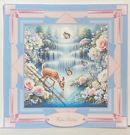 6 x 6 cute deer at waterfall step by step card front. by Hazel Underwood