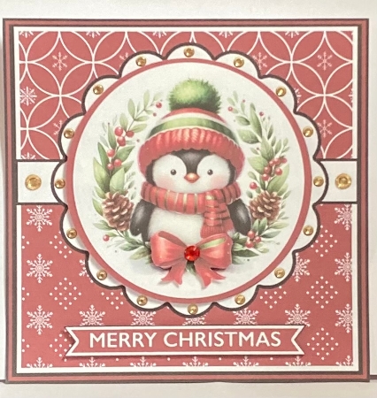 Penguin In Wreath Decoupage Christmas Card by Hazel Underwood