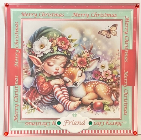 8 x 8 red & green cute sleeping elf quick card front. by Hazel Underwood