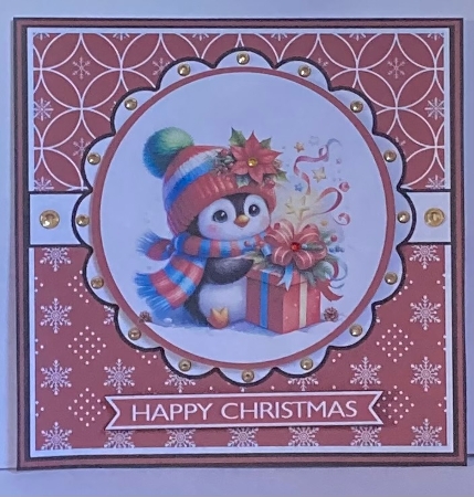 Penguin With Present Scarf and Hat Decoupage Christmas Card by Hazel Underwood