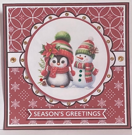 Penguin with snowman christmas decoupage card by Hazel Underwood