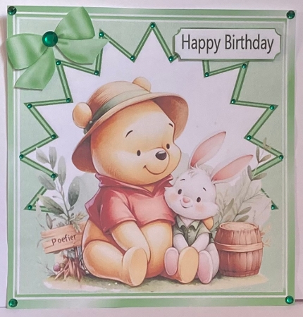 Lovely Pooh Bear With  A Bunny 8x8 Card Front (Green) by Hazel Underwood
