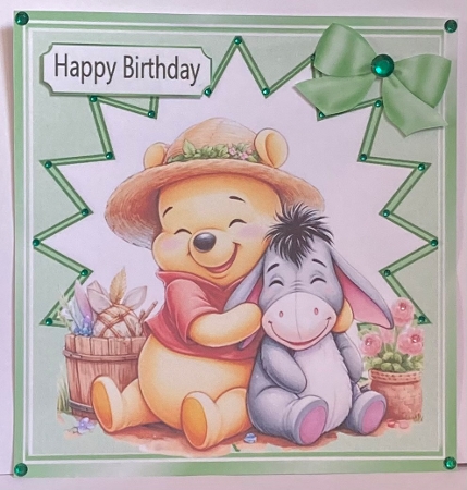 Lovely Pooh Bear Cuddling Eeyore With Flowers 8x8 Card Front (Green) by Hazel Underwood