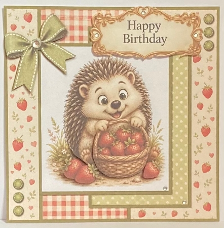 Cute Hedgehog & Strawberry Basket Card Kit with Decoupage, Gingham Papers, Bow & Sentiments by Hazel Underwood