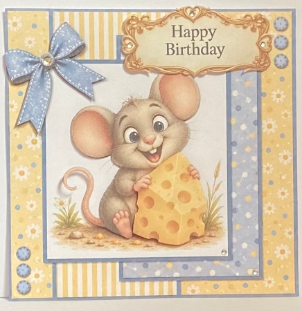 Cute Mouse & Cheese Card Kit with Decoupage, Yellow & Blue Papers, Bow and Sentiments by Hazel Underwood