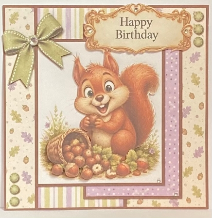 Cute Squirrel & Hazelnuts Card Kit with Decoupage, Autumn Papers, Bow & Sentiments by Hazel Underwood
