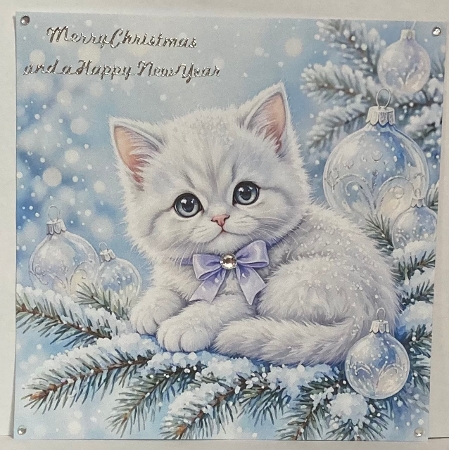 Seamless Aquarelle Frosted Winter Kitten Pattern White Fluffy Cat Lavender Bow Snowy Evergreen Crystal Ornaments Blue Glow Sparkle 8K Premium Design by Hazel Underwood