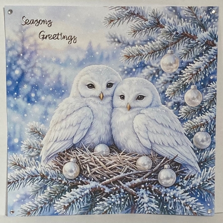 Seamless Aquarelle Frosted Winter Owls Pattern White Fluffy Pair Nest Snowy Pine Branches Silver Pearl Ornaments Soft Glow 8K Premium Design by Hazel Underwood