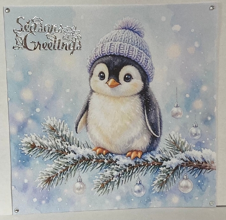 Seamless Aquarelle Frosted Winter Penguin Pattern Fluffy Baby Bird Lavender Knit Hat Snowy Evergreen Silver Ornaments Pastel Glow 8K Premium Design by Hazel Underwood