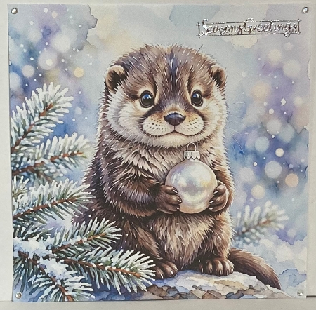 Seamless Aquarelle Frosted Winter Otter Pattern Fluffy Baby Holding Silver Ornament Snowy Pine Branches Pastel Glow 8K Premium Design by Hazel Underwood