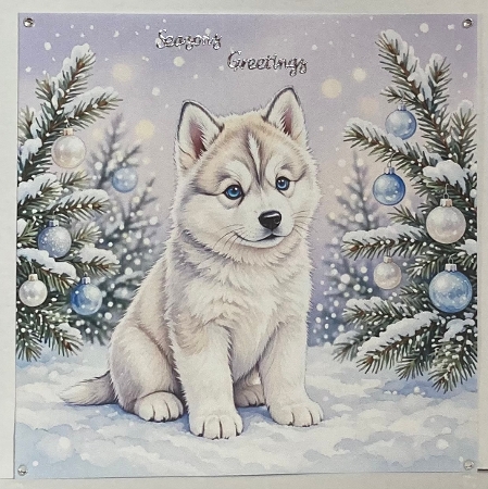 Seamless Aquarelle Frosted Winter Husky Puppy Pattern Fluffy Snow Pup Evergreen Trees Silver Blue Ornaments Pastel Glow 8K Premium Design by Hazel Underwood