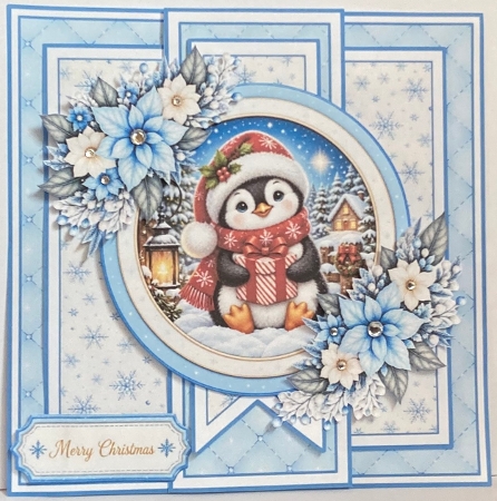 Penguin 7x7 Christmas Card Kit with Snowy Scene & Winter Floral Toppers by Hazel Underwood