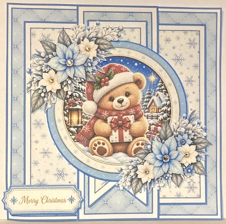 Teddy Bear 7x7 Christmas Card Kit with Snowy Village Scene & Winter Floral Toppers by Hazel Underwood