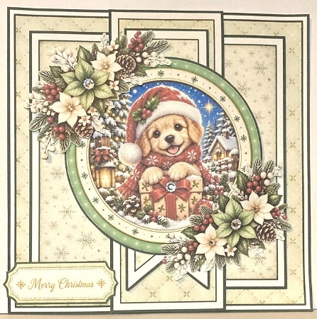 Puppy 7x7 Christmas Card Kit with Snowy Winter Scene & Festive Floral Toppers by Hazel Underwood