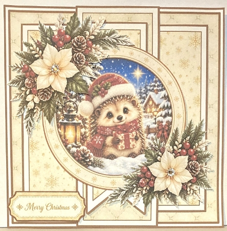 Hedgehog 7x7 Christmas Card Kit with Snowy Winter Scene & Festive Floral Toppers by Hazel Underwood