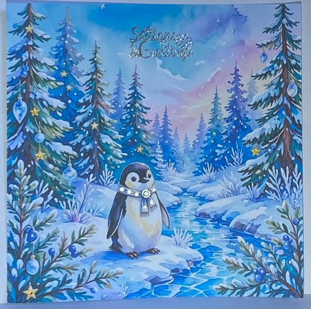 Winter Penguin Wonderland – Snowy Trees, Pastel Sky & Cozy Scarf (1024×1024 JPEG) by Hazel Underwood