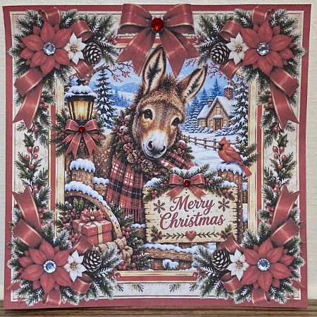 Rustic Christmas Donkey • Snowy Farm & Red Festive Florals by Hazel Underwood