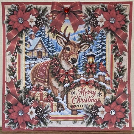 Rustic Christmas Reindeer • Snowy Cabin & Red Festive Florals by Hazel Underwood