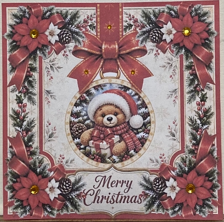 Teddy Bear Santa Ornament • Cozy Christmas Poinsettias & Gifts by Hazel Underwood