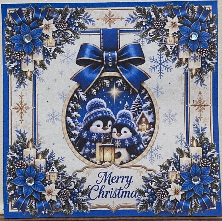 Blue Christmas Penguins • Lantern, Snowy Trees & Winter Florals by Hazel Underwood