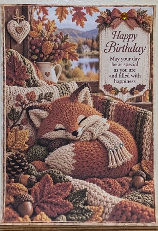 Knitted Autumn Fox Birthday A4 Portrait Card Topper by Hazel Underwood
