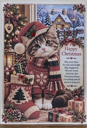 Knitted Cute Christmas Cat A4 Portrait Christmas Card Topper by Hazel Underwood