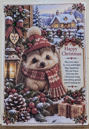 Knitted Cute Christmas Hedgehog A4 Portrait Christmas Card Topper by Hazel Underwood