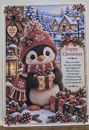 Knitted Cute Christmas Penguin A4 Portrait Christmas Card Topper by Hazel Underwood