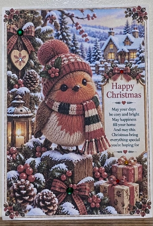 Knitted Cute Christmas Robin A4 Portrait Christmas Card Topper by Hazel Underwood