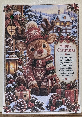 Knitted Cute Christmas Reindeer A4 Portrait Christmas Card Topper by Hazel Underwood