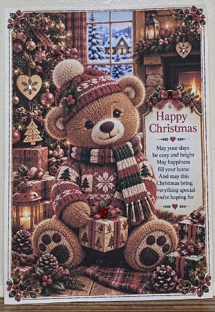Knitted Cute Christmas Bear A4 Portrait Christmas Card Topper by Hazel Underwood