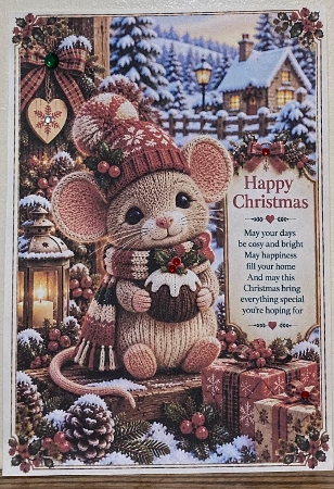 Knitted Cute Christmas Mouse A4 Portrait Christmas Card Topper by Hazel Underwood