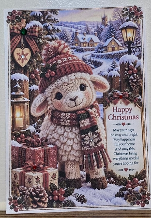 Knitted Cute Christmas Sheep A4 Portrait Christmas Card Topper by Hazel Underwood