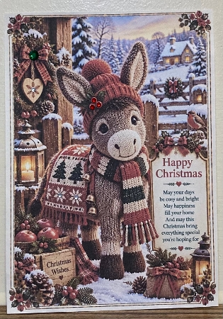 Knitted Cute Christmas Donkey A4 Portrait Christmas Card Topper by Hazel Underwood