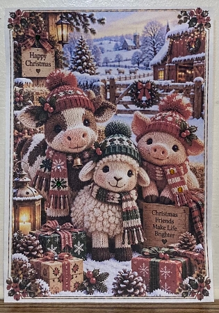 Knitted Cute Christmas Farmyard Animals A4 Portrait Christmas Card Topper by Hazel Underwood