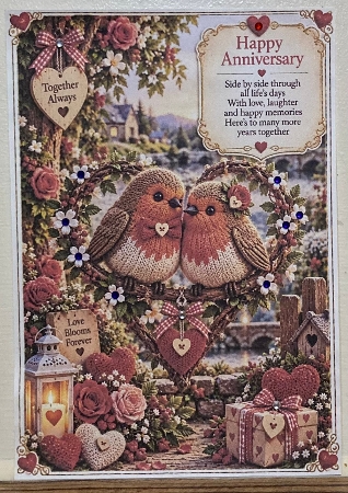 knitted Anniversary Robins A4 Portrait Card Topper by Hazel Underwood