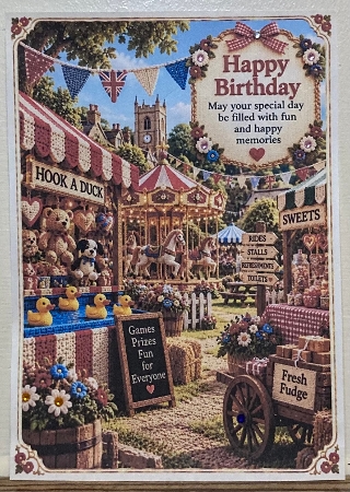 Knitted Village Fair A4 Portrait Birthday Card Topper by Hazel Underwood