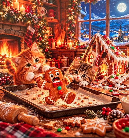 Christmas Kittens & Gingerbread Trouble – Cozy Holiday Baking Card Featured Gallery Photo